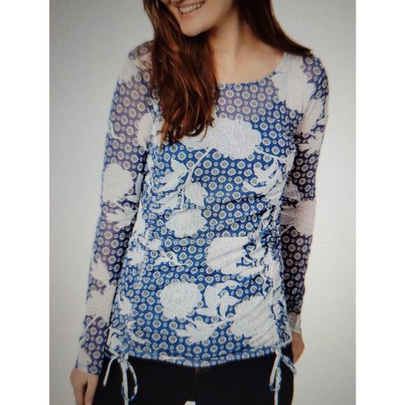 INC INTERNATIONAL CONCEPTS Blue & White Sheer Floral Top Ruched Front Women's XL - Picture 1 of 8